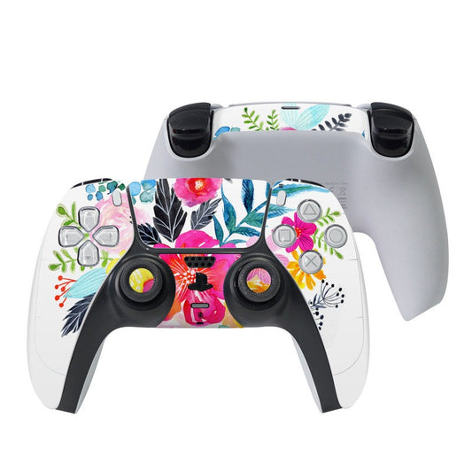 Pink floral Sony PS5 controller skin wrap with button cutouts and thumb grips