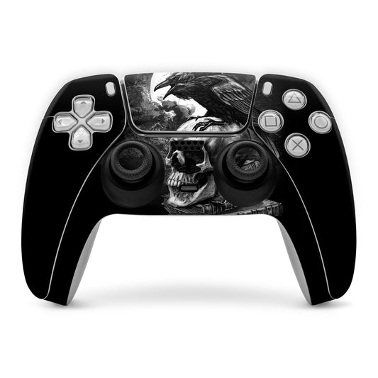 PS5 controller skin with black raven and skull graphic, covers front grips and buttons