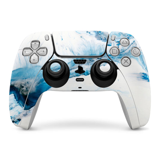 White and blue marble skin for Sony PS5 controller, with D-pad and thumbsticks