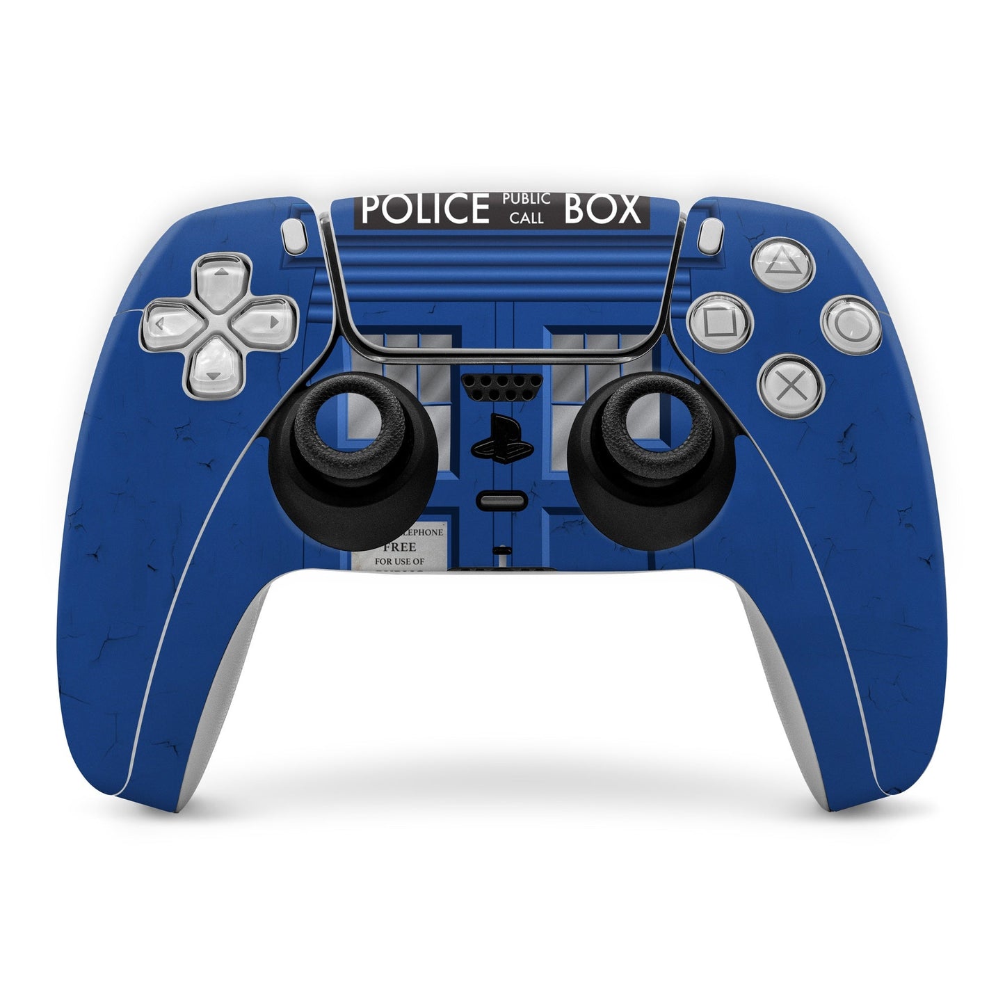 Blue Police Box style PS5 controller skin with D-pad and button cutouts