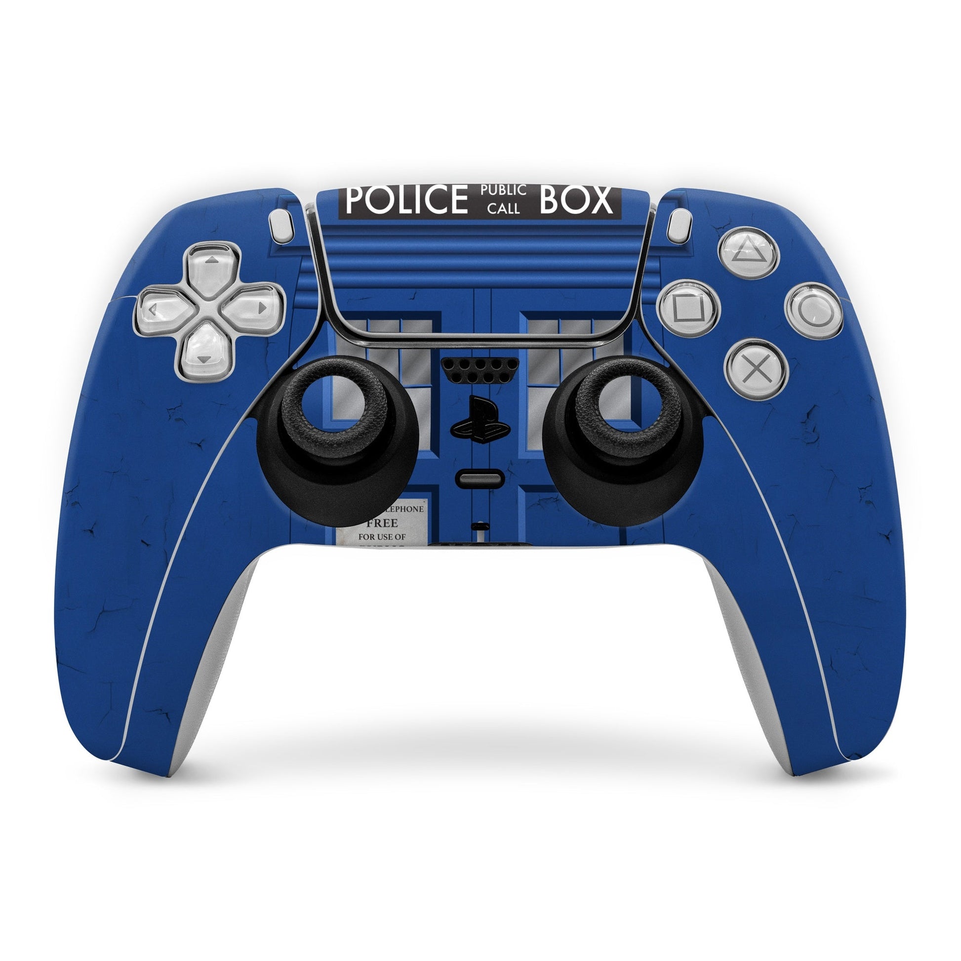Blue Police Box style PS5 controller skin with D-pad and button cutouts