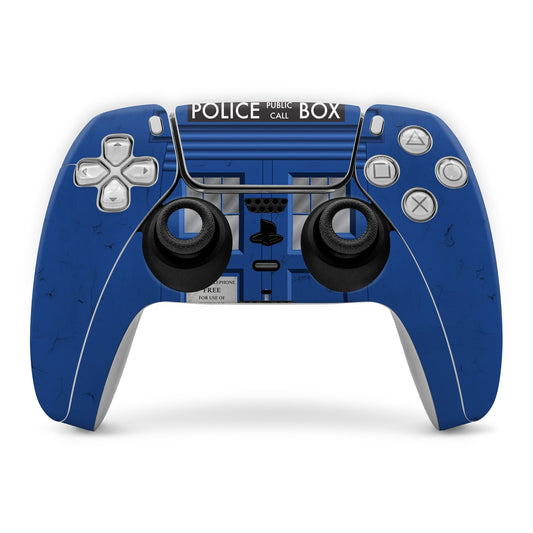 Blue Police Box style PS5 controller skin with D-pad and button cutouts