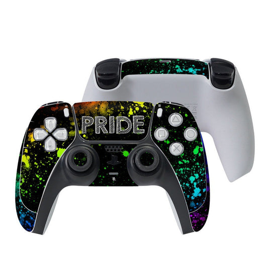 Sony PS5 controller skin with Pride rainbow splash graphic and PRIDE text