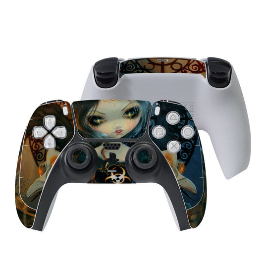 PS5 controller skin with dark fantasy artwork covering front buttons and thumbsticks