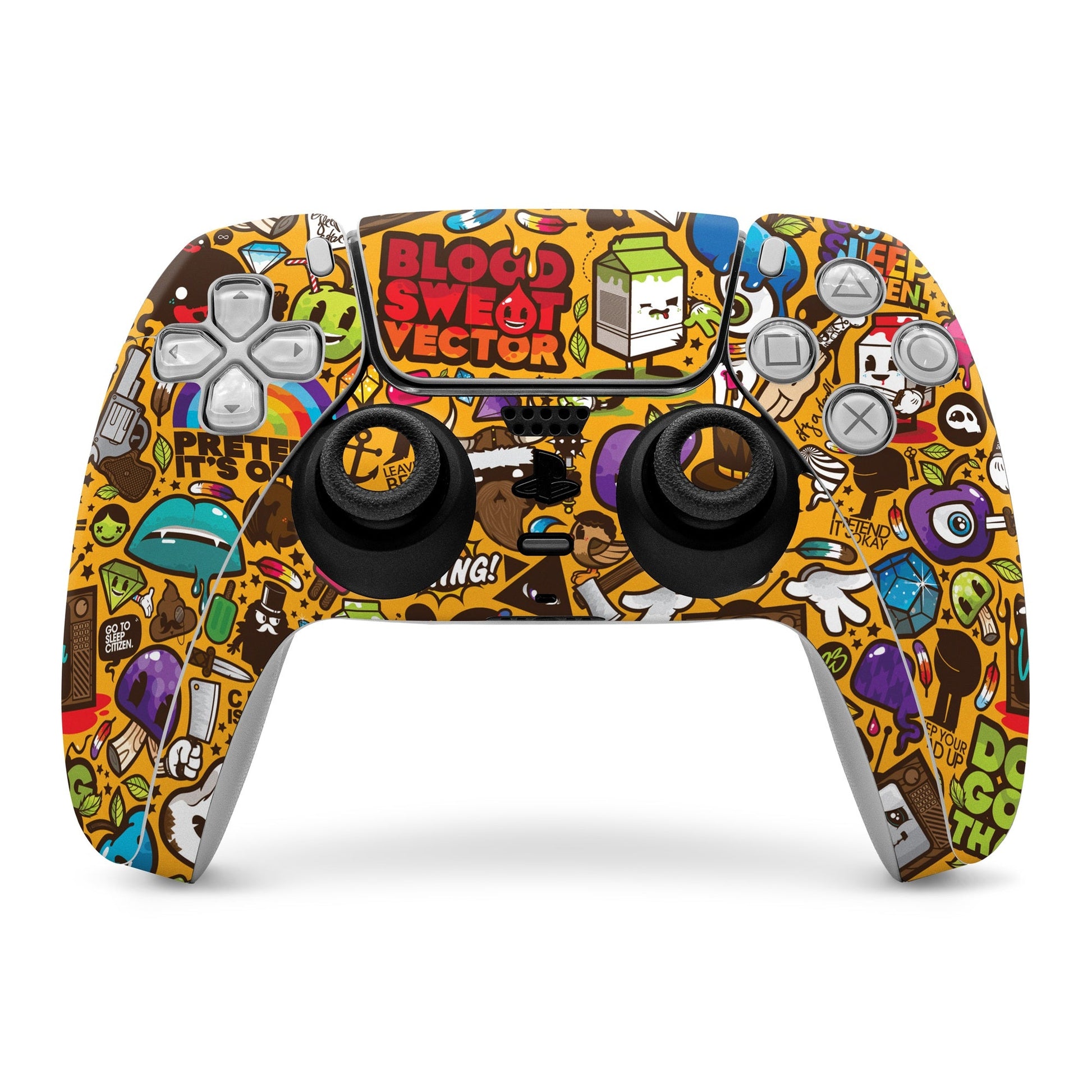 PS5 controller skin with colorful comic graffiti style pattern and button cutouts