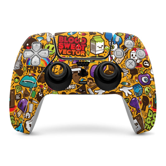 PS5 controller skin with colorful comic graffiti style pattern and button cutouts