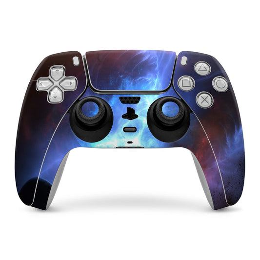 PS5 controller skin with blue nebula lightning graphic over front panel and buttons