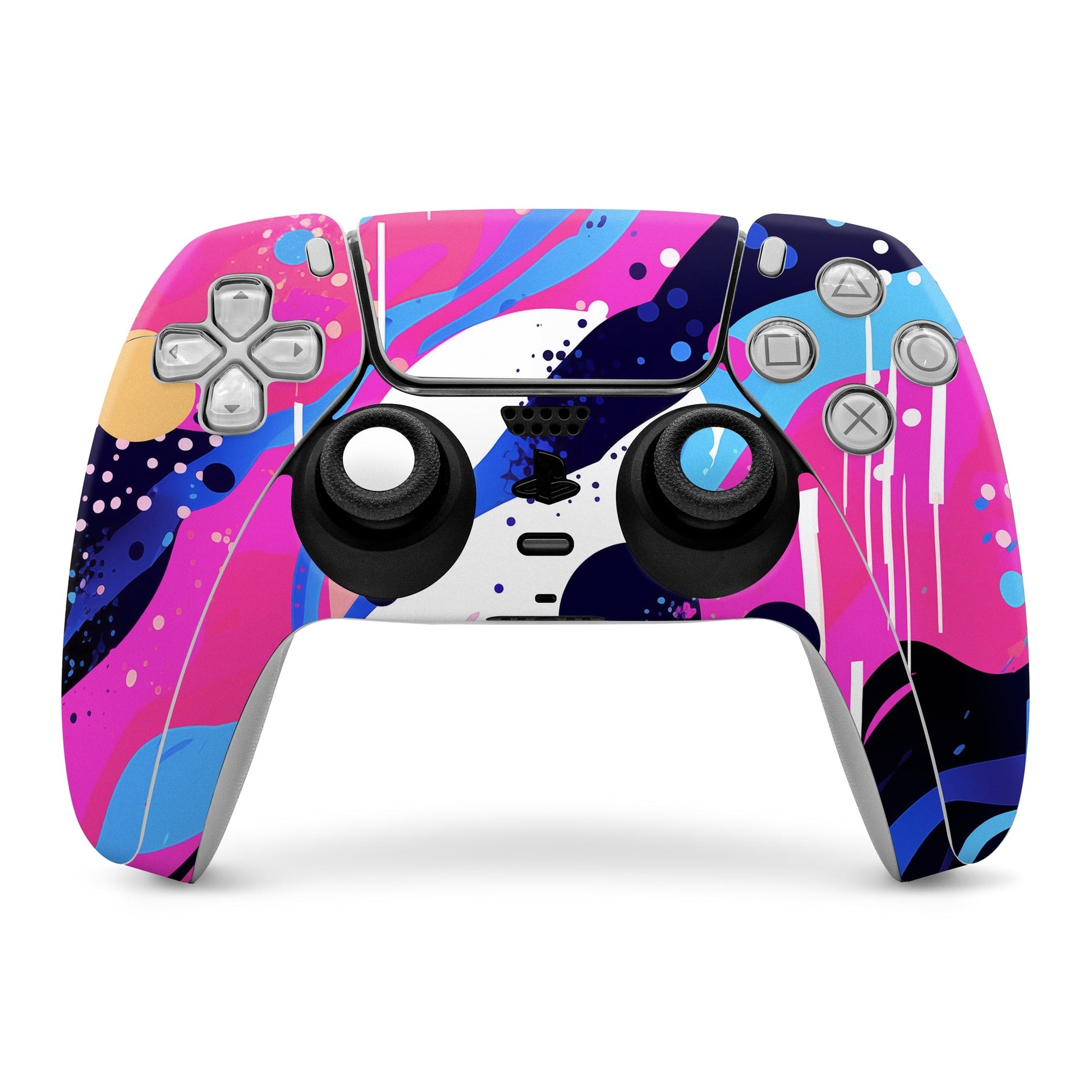 Sony PS5 controller skin with pink and blue abstract pattern, cutouts for buttons