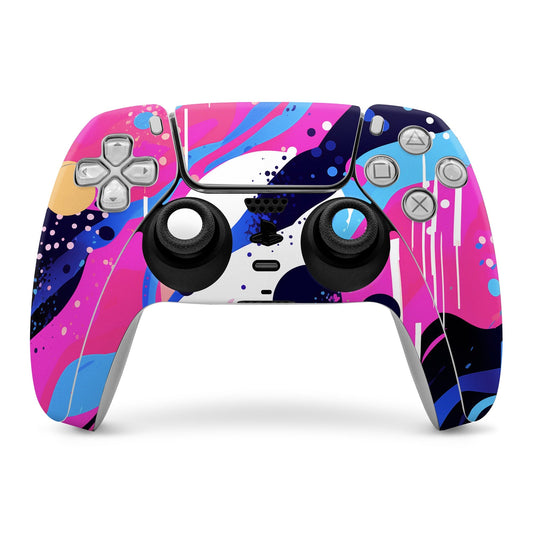Sony PS5 controller skin with pink and blue abstract pattern, cutouts for buttons