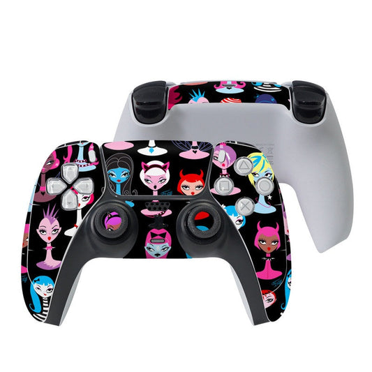 PlayStation 5 controller skin with black and pink cartoon character pattern