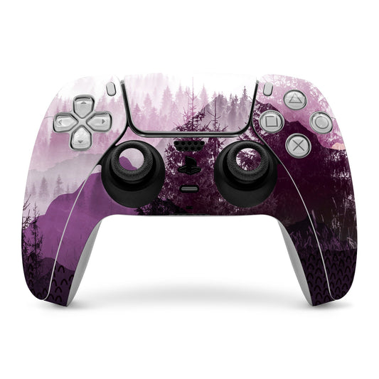 Sony PS5 controller skin with purple forest landscape and dark button cutouts