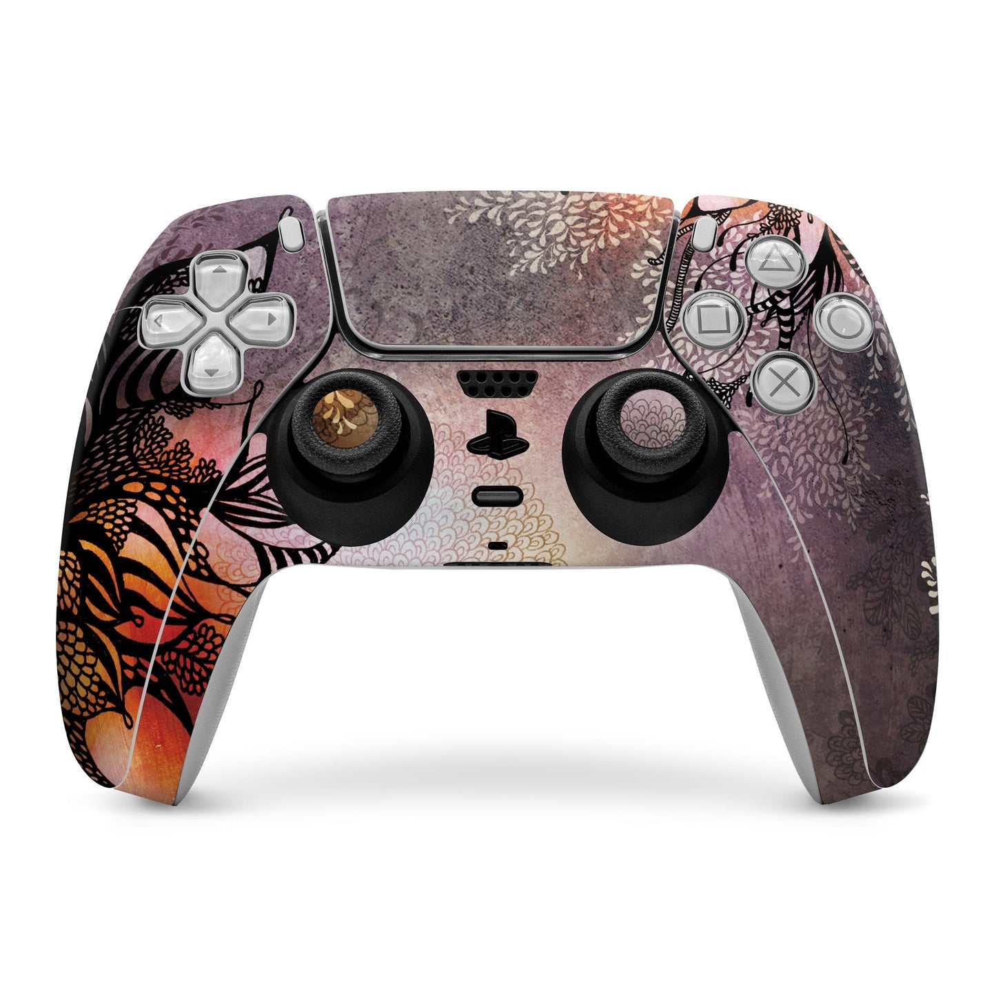 Purple floral PS5 controller skin with cutouts for buttons and sticks