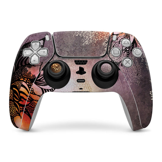 Purple floral PS5 controller skin with cutouts for buttons and sticks