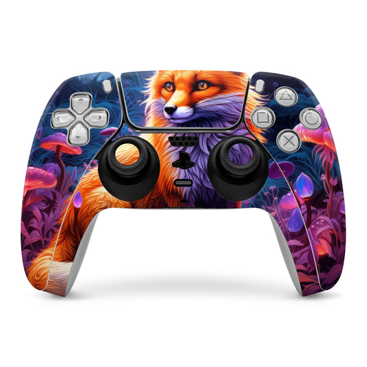PS5 controller skin with vibrant fox face, dark blue and purple accents