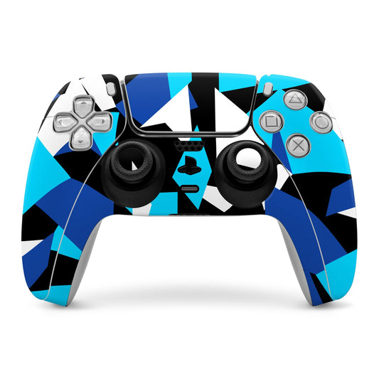Sony PS5 controller skin with blue, black, and white geometric design covering buttons