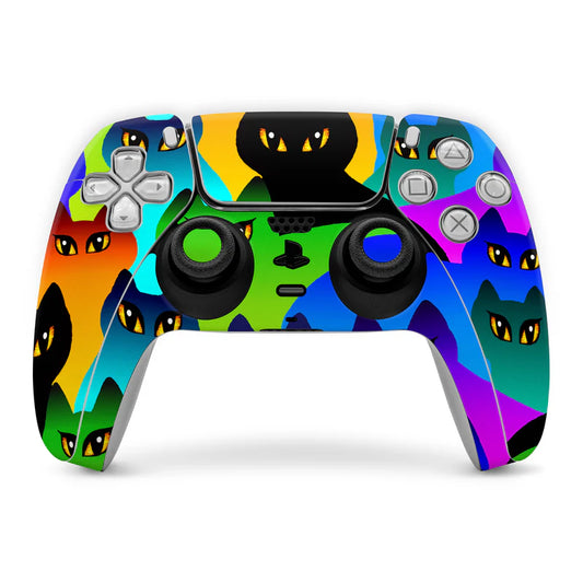 PS5 controller skin with rainbow cat faces and colorful geometric design
