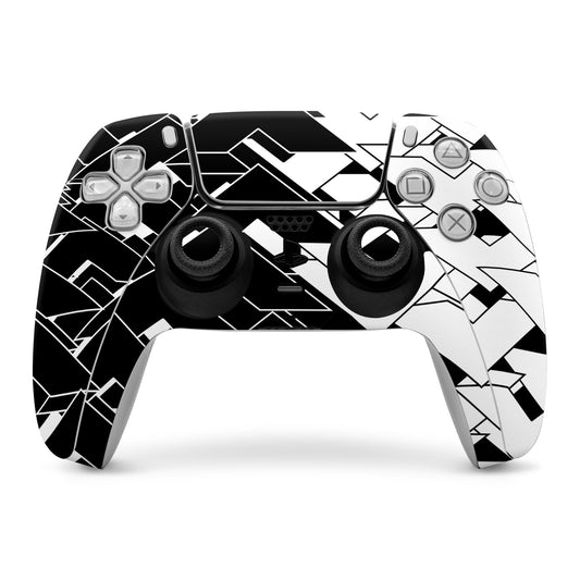 PS5 controller skin with black-and-white geometric pattern, button icons, and thumb grips