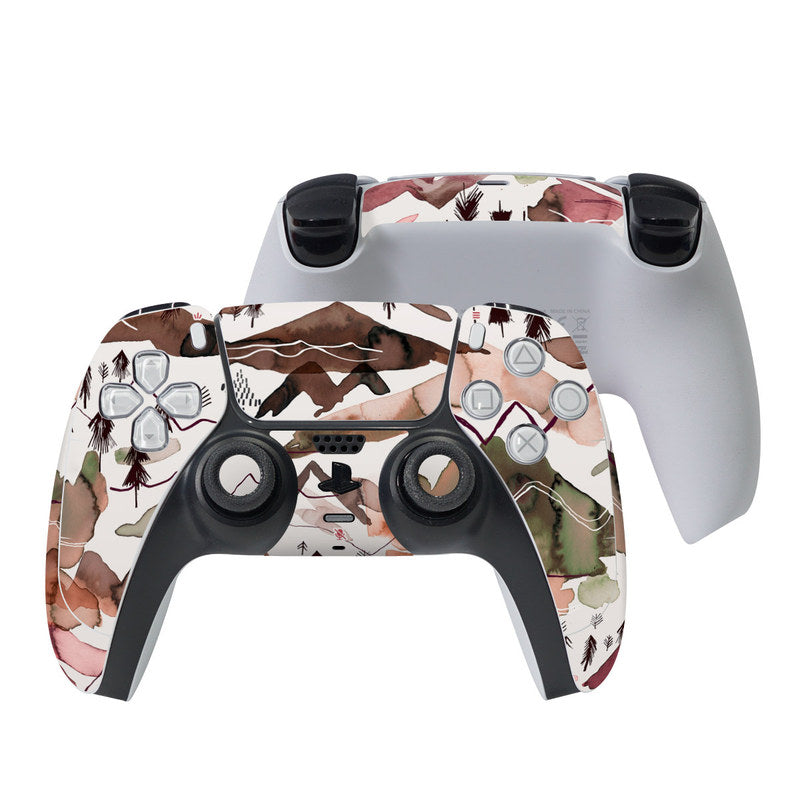 PS5 controller skin with red and brown mountain and forest graphic, full front wrap
