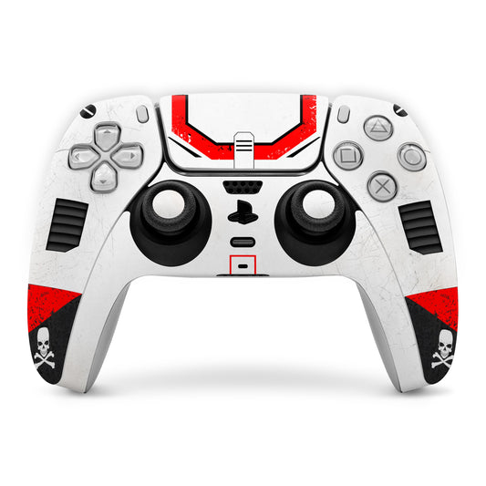 PS5 controller skin: white with red accents, skull emblems, and bold front design.
