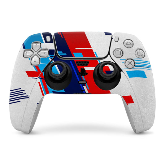 PS5 controller skin with blue, red, white racing pattern and black thumbstick accents