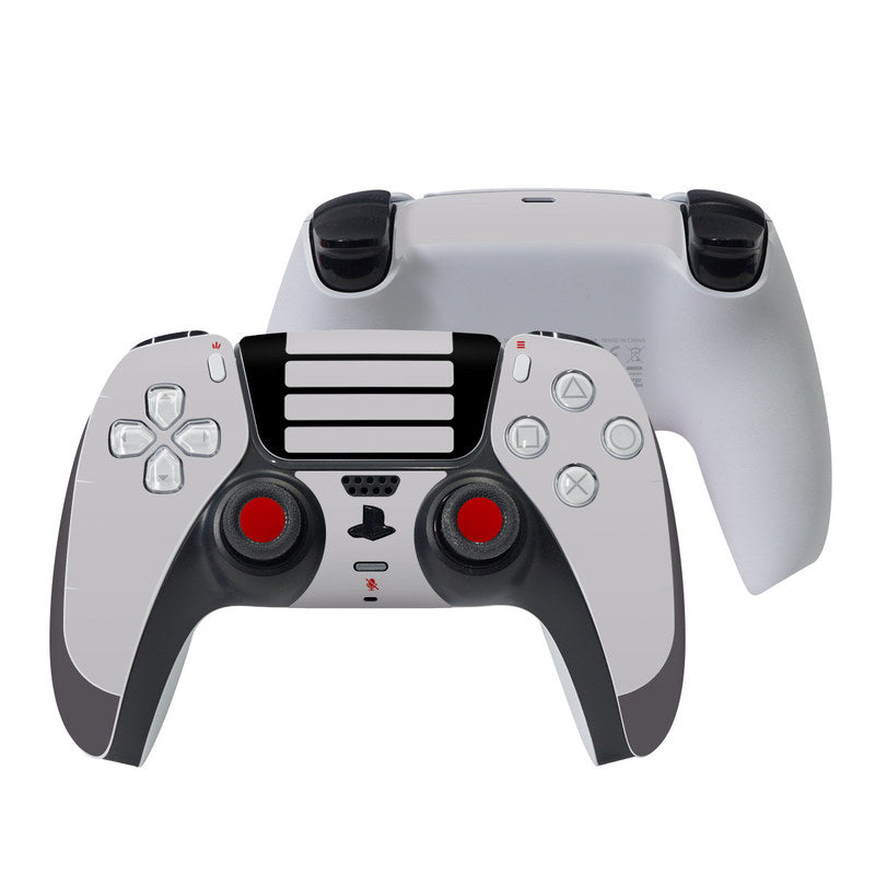 Retro horizontal PS5 controller skin on light gray controller with black and red buttons
