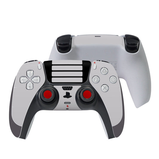 Retro horizontal PS5 controller skin on light gray controller with black and red buttons