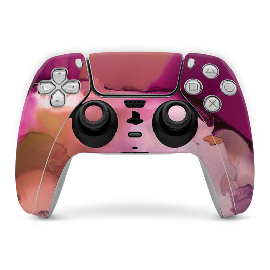 PlayStation 5 controller skin with purple-orange gradient, textured button cutouts.