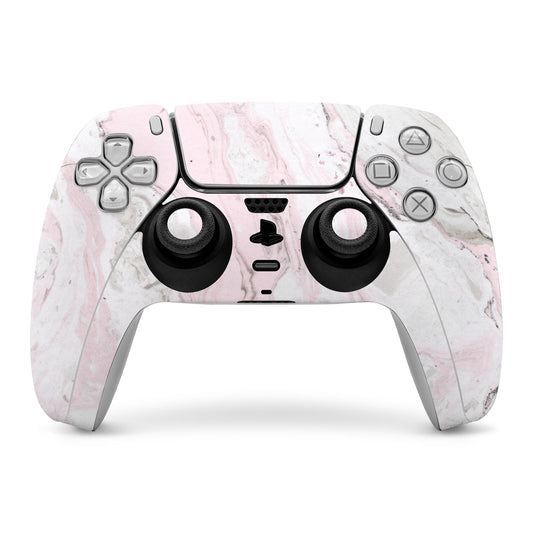 Pink and white marble PS5 controller skin wrap with cutouts for buttons and joysticks