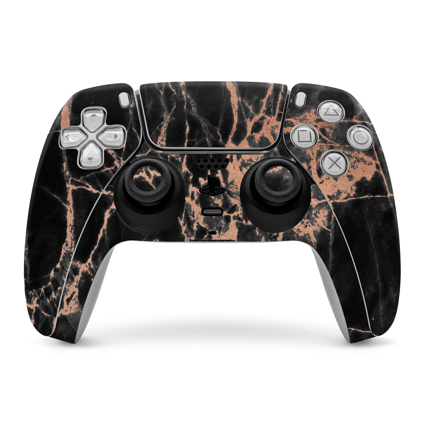 PS5 controller skin showing rose quartz marble pattern over black, with sticks and buttons.