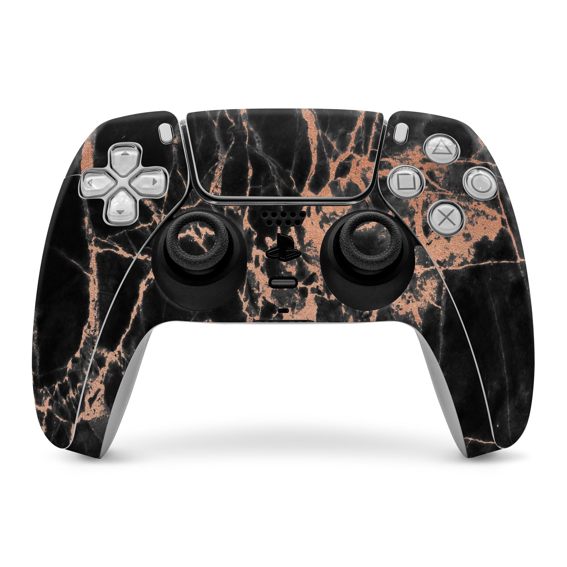 PS5 controller skin showing rose quartz marble pattern over black, with sticks and buttons.