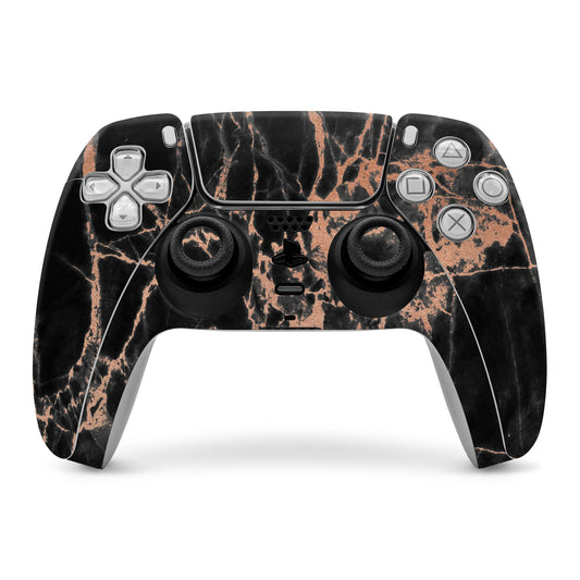 PS5 controller skin showing rose quartz marble pattern over black, with sticks and buttons.