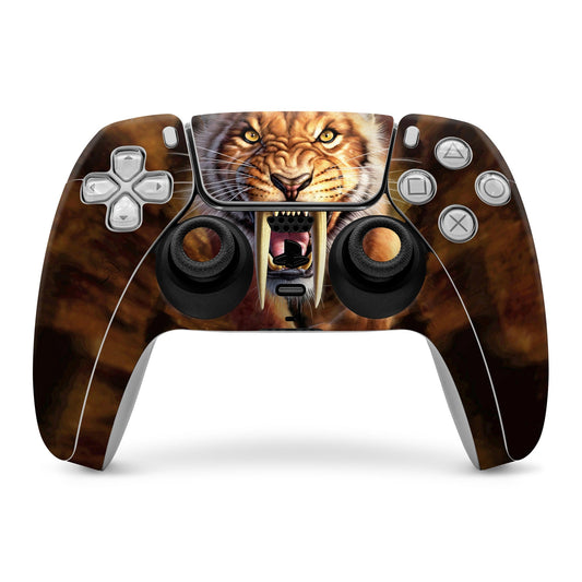 PS5 controller skin with brown base and lion tiger face over touchpad area