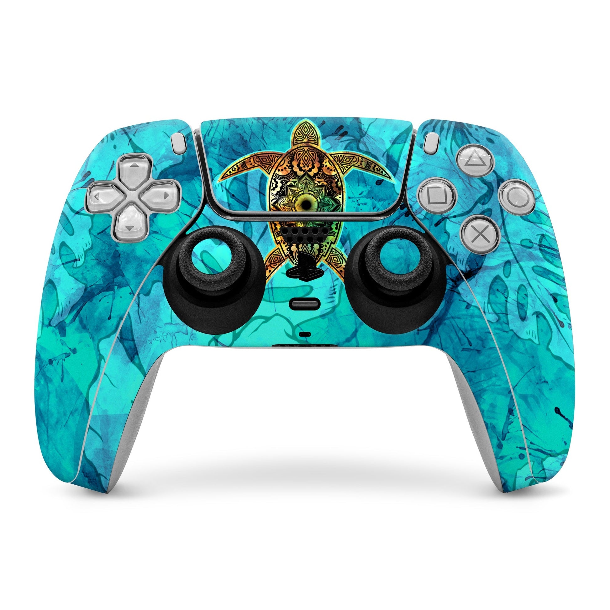 PS5 controller skin with turquoise marbled design and central sea turtle emblem