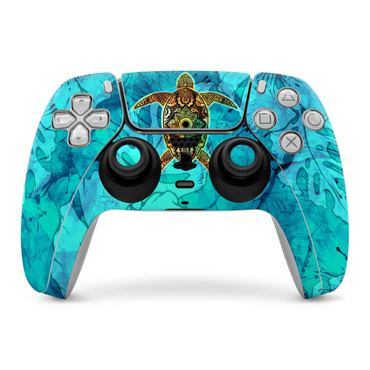 PS5 controller skin with turquoise marbled design and central sea turtle emblem