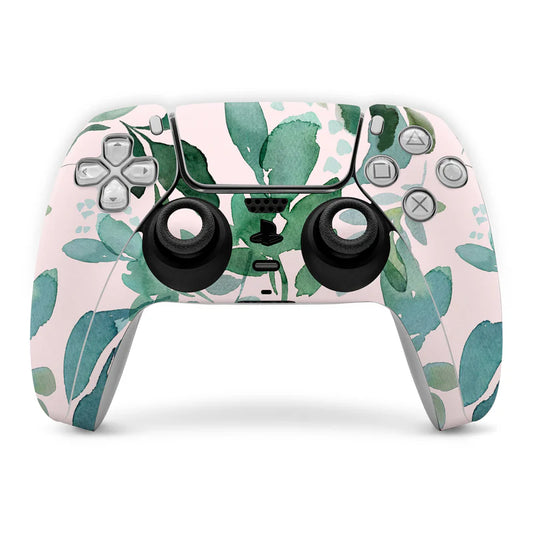 Sony PS5 controller skin with sage green leaf botanical pattern over buttons and sticks