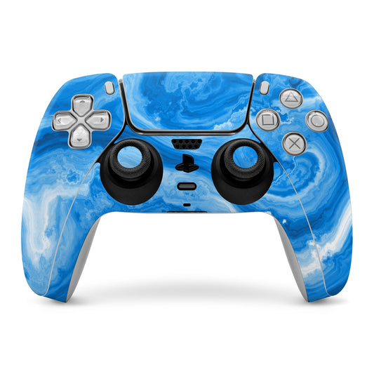 PS5 controller skin with blue agate swirl pattern covering buttons and thumbsticks