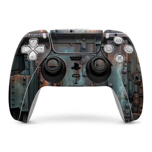 Sony PS5 controller skin with weathered metal pattern in teal, blue, and rust tones.