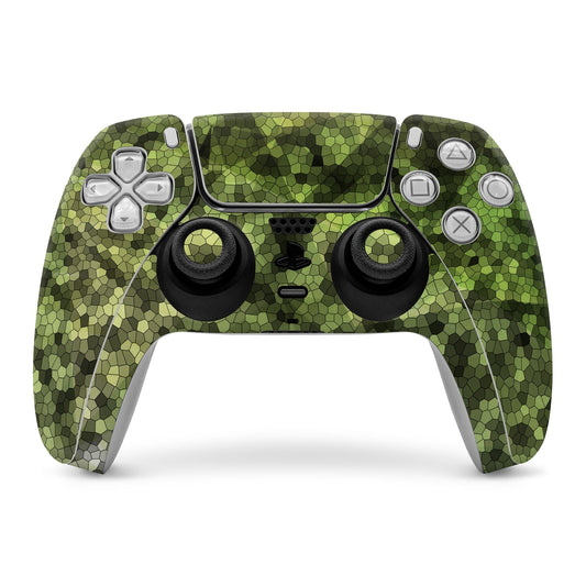 Sony PS5 controller skin with green hex camouflage pattern covering front buttons and thumbsticks