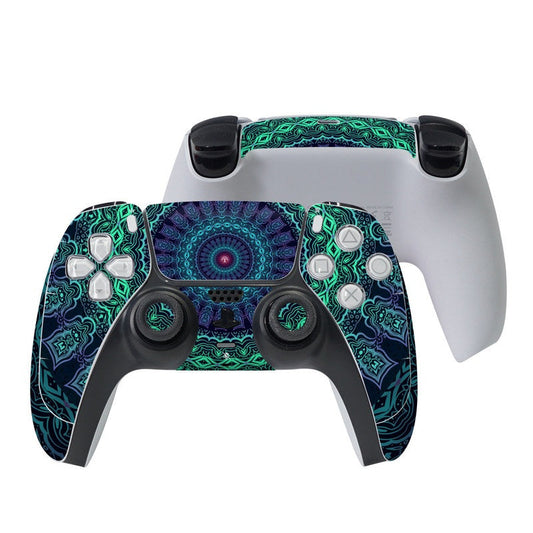 PS5 controller skin with teal and green mandala pattern and button cutouts