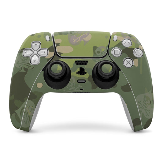 Green tropical multcam PS5 controller skin for Sony DualSense, front view with buttons