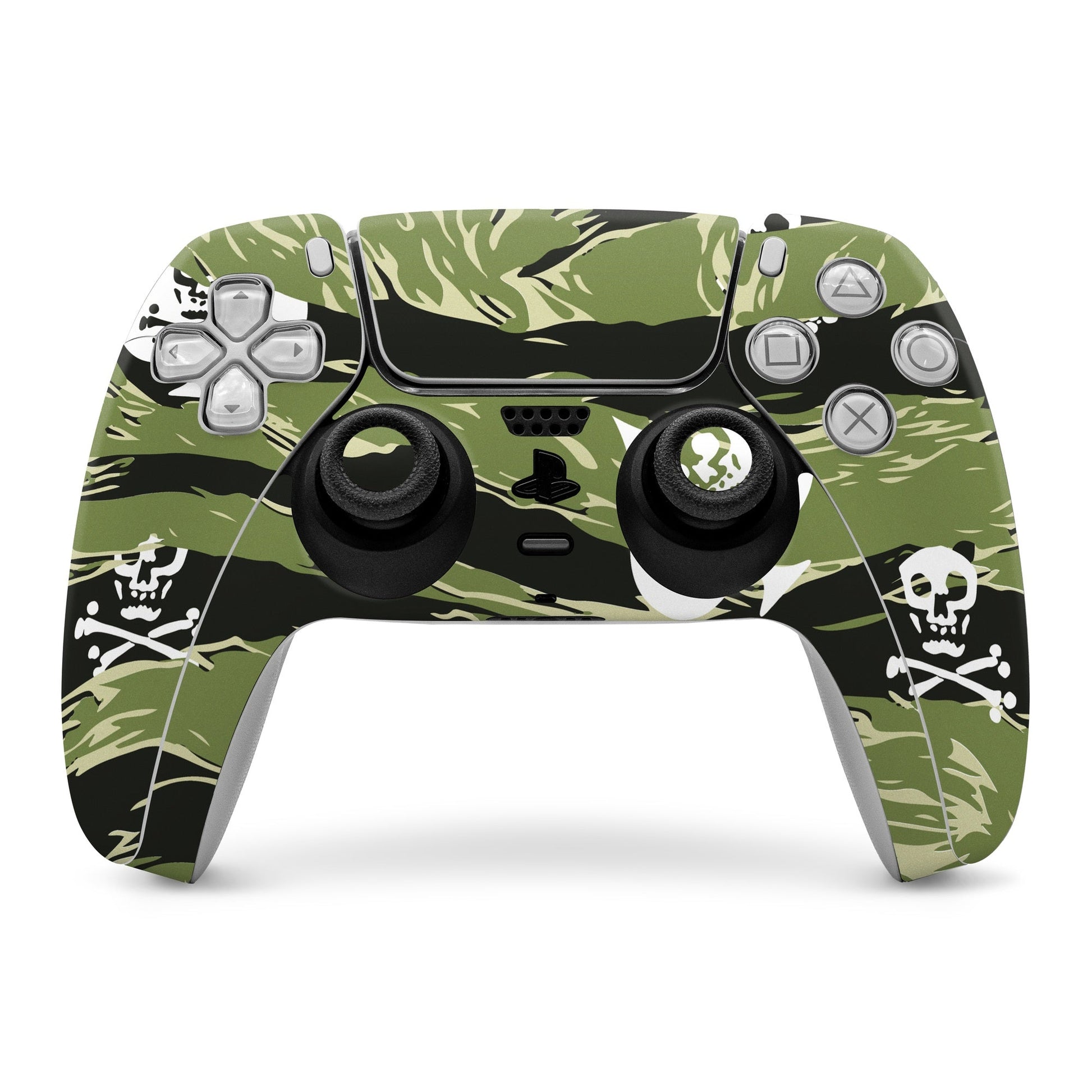 Tiger stripe camo PS5 controller skin with cutouts for buttons and sticks