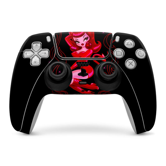 Black PS5 controller skin with red devil-girl graphic across touchpad and handles