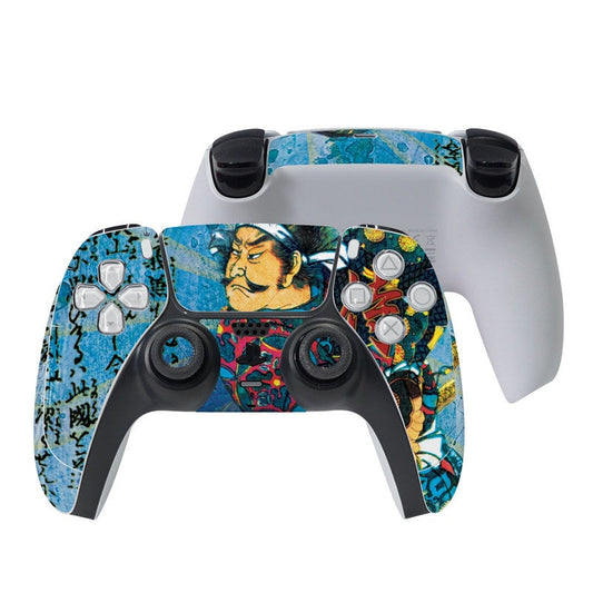 PS5 controller skin with blue samurai artwork and sticker-style button covers