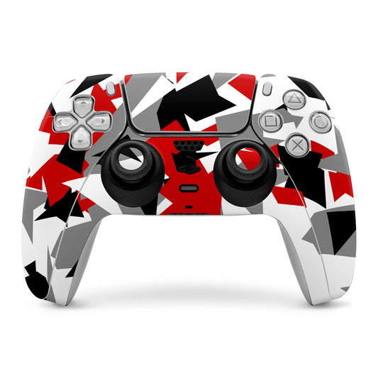 Sony PS5 controller skin with red, black, and white geometric wrap over front buttons