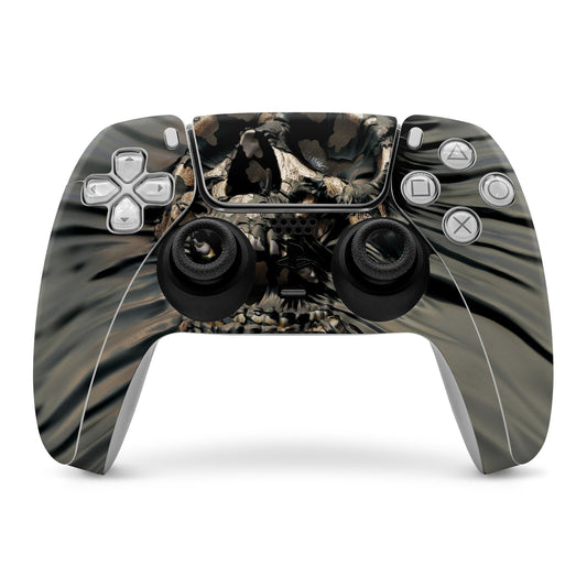 PS5 controller skin with skull and camouflage graphic, covers front buttons and grips