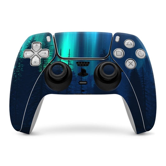 Sony PS5 controller skin with teal-blue forest landscape design over buttons and thumbsticks