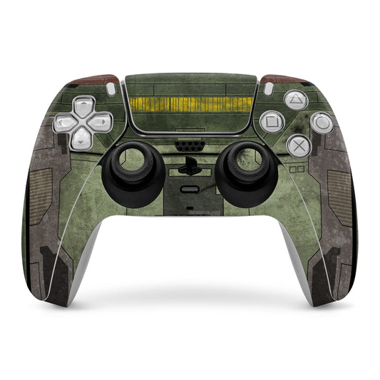 PS5 controller skin with green camo sci-fi design and clear button outlines