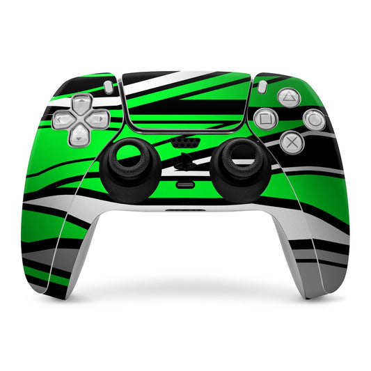 Sony PS5 controller skin with green, black, and white striped design