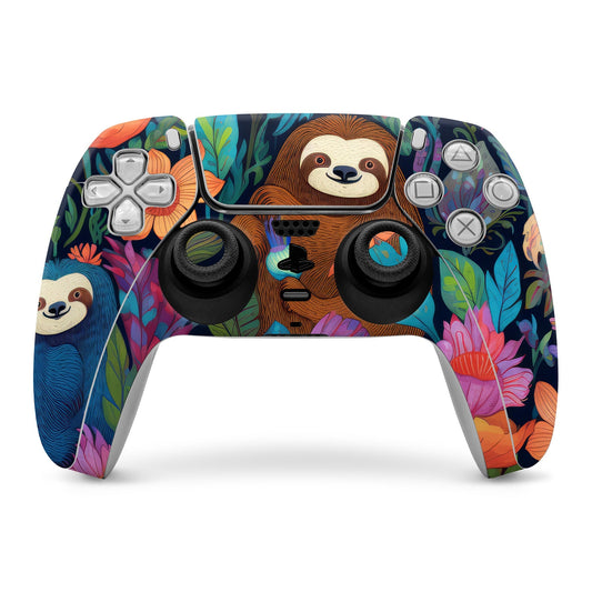 PlayStation 5 controller skin with colorful sloth and jungle leaf graphics