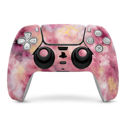 PS5 controller skin with smoky marble watercolor pattern in pink, purple, and gold